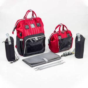 طقم حقيبه لوازم الأمهات الإصدار الاحدث من لوسيد حقيبه (جلد) مقاومة للمياه مع مفرش غيار وحافظه للببرونه حراريه بوصله تسخين وحقيبه صغيره-احمر