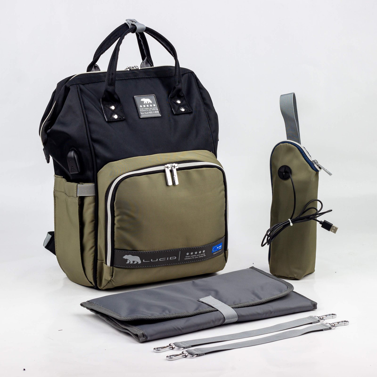 حقيبه لوازم الأمهات الإصدار الاحدث من لوسيد مقاومة للمياه مع مفرش غيار وحافظه للببرونه حراريه بوصله تسخين اسود فى جراى حقيبه لوازم الأمهات الإصدار الاحدث من لوسيد مقاومة للمياه مع مفرش غيار وحافظه للببرونه حراريه بوصله تسخين اسود فى جراى