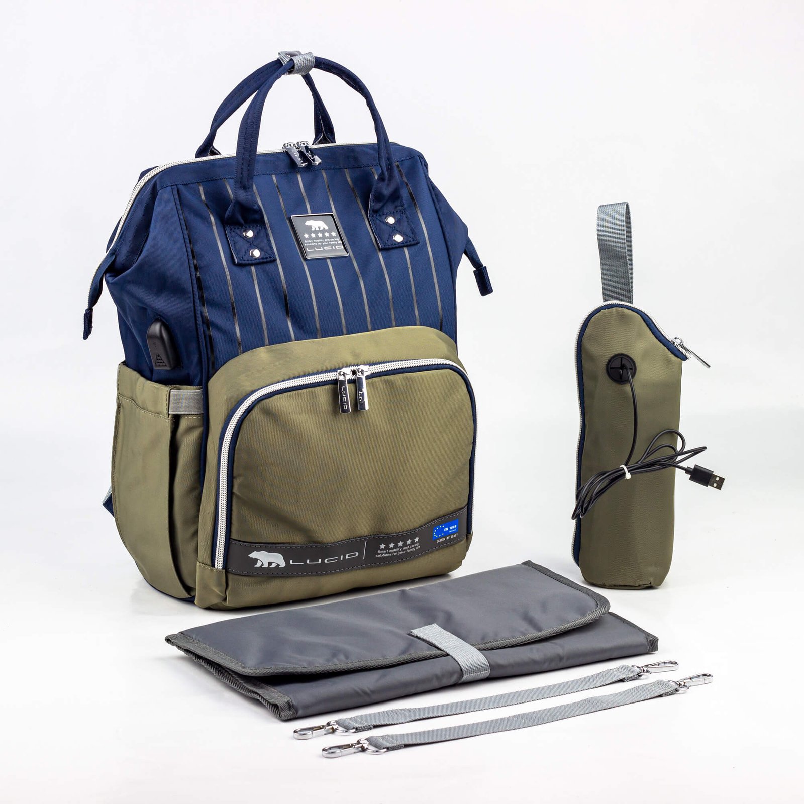 حقيبه لوازم الأمهات الإصدار الاحدث من لوسيد مقاومة للمياه مع مفرش غيار وحافظه للببرونه حراريه بوصله تسخين ازرق فى جراى حقيبه لوازم الأمهات الإصدار الاحدث من لوسيد مقاومة للمياه مع مفرش غيار وحافظه للببرونه حراريه بوصله تسخين ازرق فى جراى