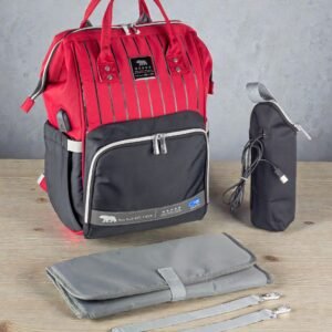 حقيبه لوازم الأمهات الإصدار الاحدث من لوسيد ومقاومة للمياه مع مفرش غيار وحافظه للببرونه حراريه بوصله تسخين ومزوده ببطانه طبيه للظهر احمر